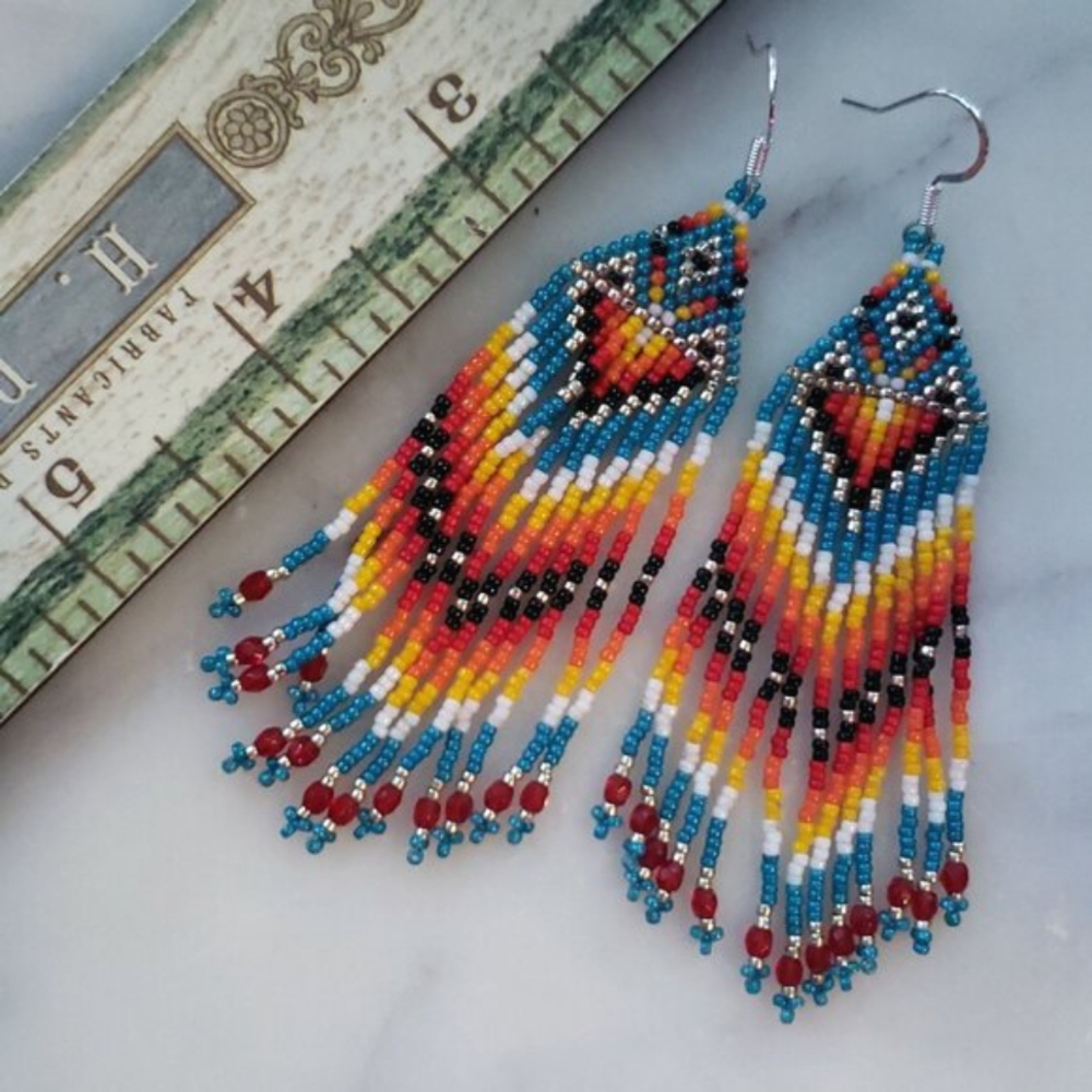 Beaded Festival Earrings - Red Orange Blue Yellow Silver Bohemian Fringe